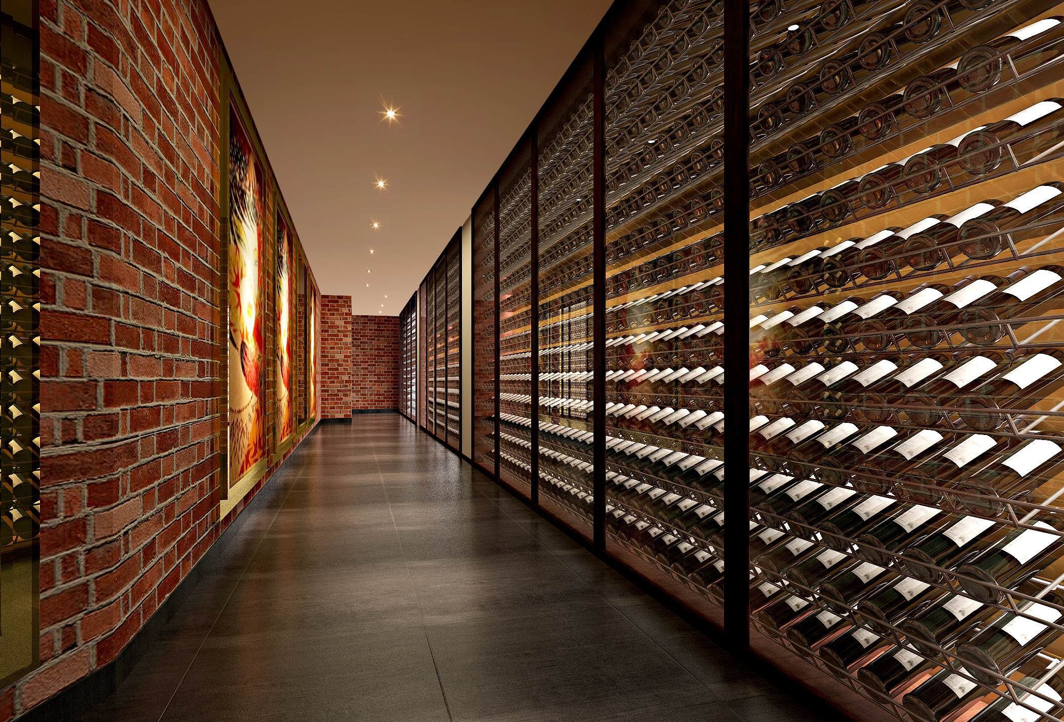 Long custom wine cellar with floor to ceiling storage