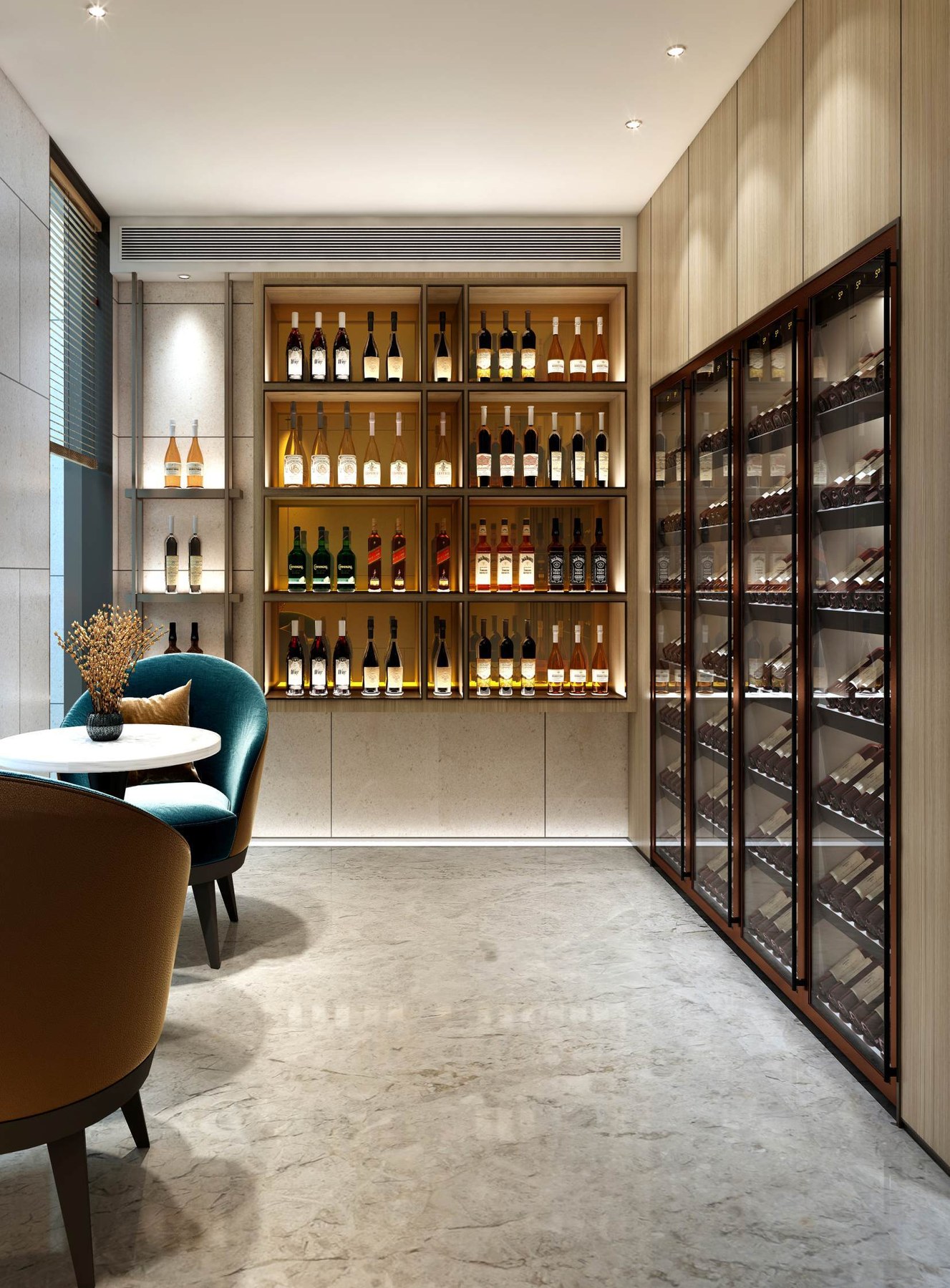 Modern residential wine room with full height cabinetry